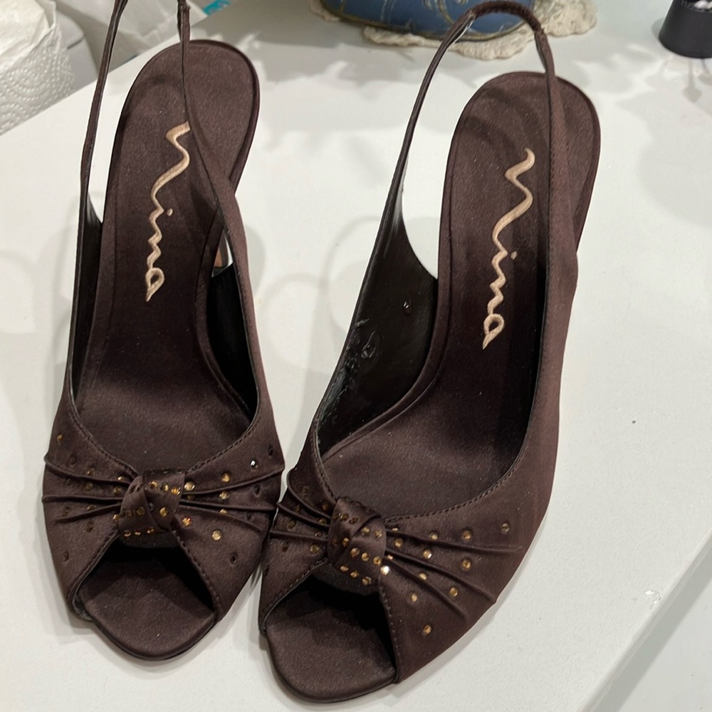 Nina Beautiful Brown W/Bronze Rhinestones At Open Toe Heels